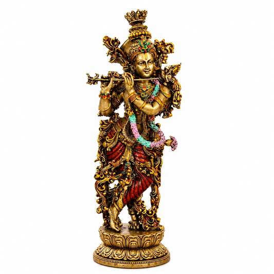 14 Inch Krishna Antique | Golden Finish Divine Couple Murti, Hindu God Sculpture