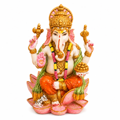 Ganesha Statue Sitting on Lotus | Lord Ganesha Idol, Spiritual Decor, Antique Gold Accents