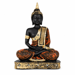 Meditating Thai Buddha Statue, Black Orange Gold Zen Idol, Indian Handcraft Home Decor