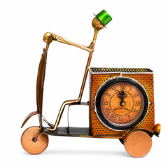 Yellow Metal Scooter Pen Stand With Clock Nautical_Inspired Desk Organizer For Pens And Pencils Decorative Office Accessory