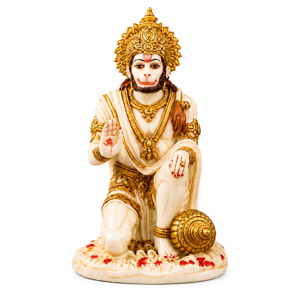 Sitting Hanuman Idol Statue | Ivory Marble Golden Finish Murti | Spiritual Protection Decor