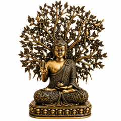 Brass Buddha Statue with Bodhi Tree | Meditating Idol Antique Finish Zen Decor