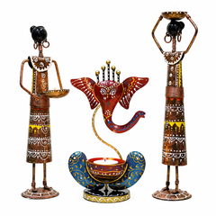 Handicrafted Labour Lady T-Lite pair with Ganesh T-Lite Combo (3 Pcs)