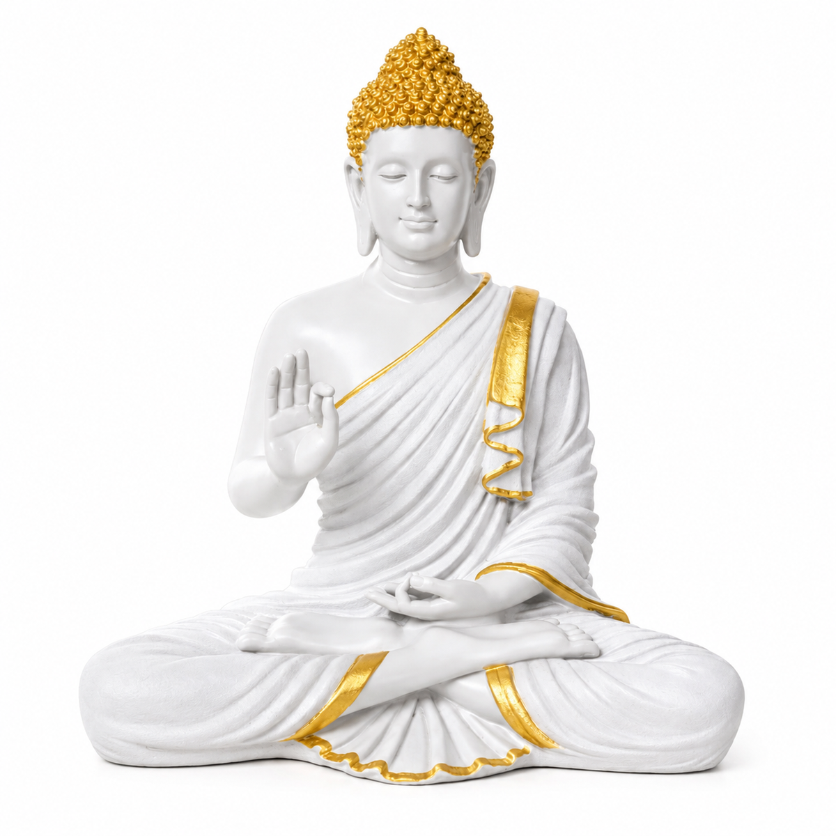 Buddha Statue 15 Inch, Abhaya Mudra Zen Sculpture, Resin Meditation Decor, White Gold Finish, Yoga Room Housewarming Gift